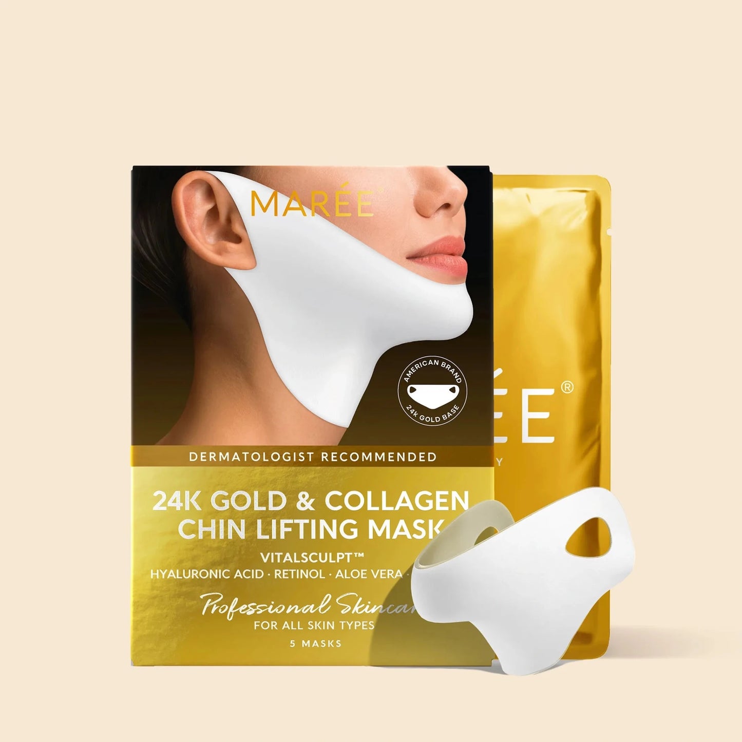 Maree 24K Gold Chin and Jawline Lifting Mask applied on a woman's face for skin firming and contouring.