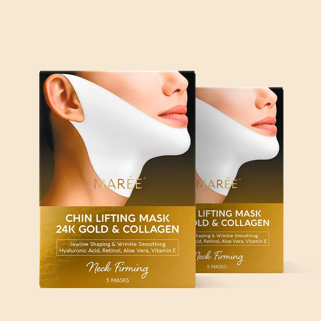Maree 24K Gold Chin and Jawline Lifting Mask applied to face, showcasing its luxurious gold formula for skin tightening and contouring.