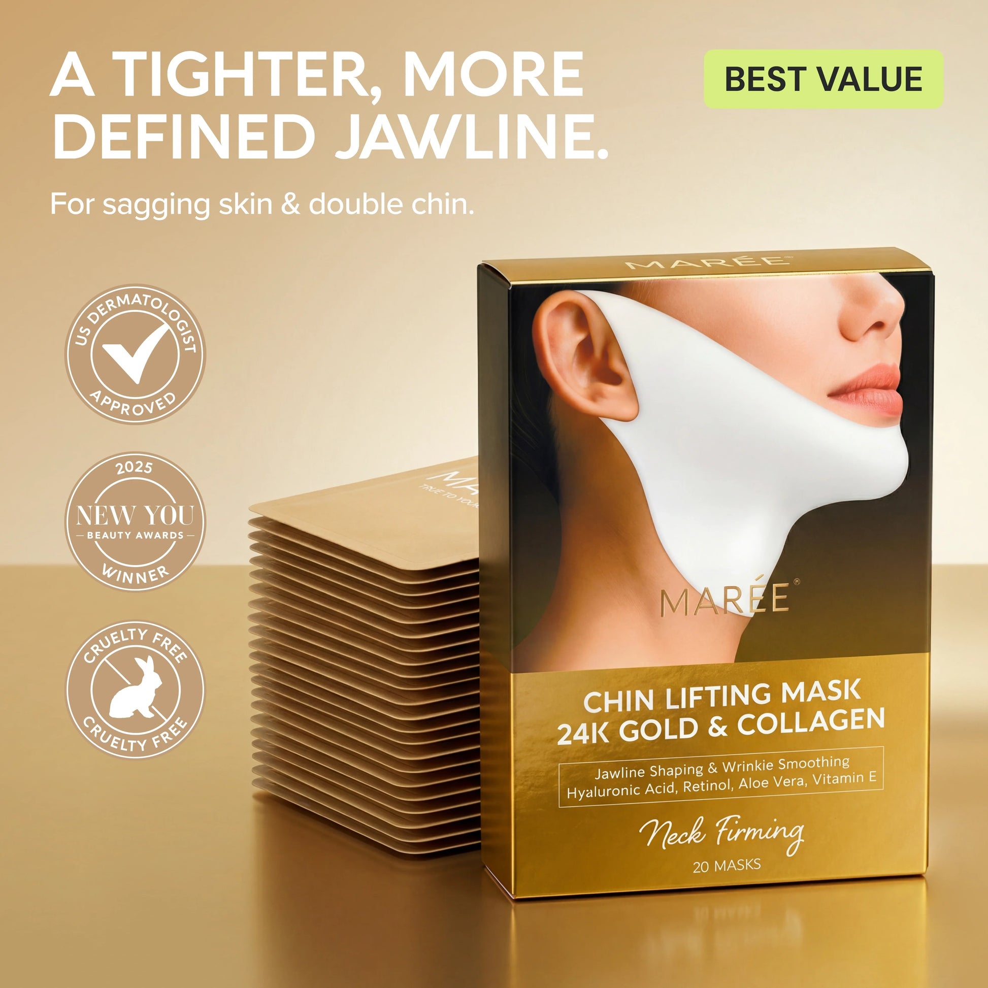 Set of 20 Maree 24K Gold V-Line Lifting Masks for facial contouring and skin firming, displayed in individual packaging.
