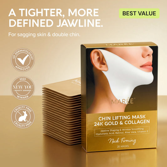 Set of 20 Maree 24K Gold V-Line Lifting Masks for facial contouring and skin firming, displayed in individual packaging.