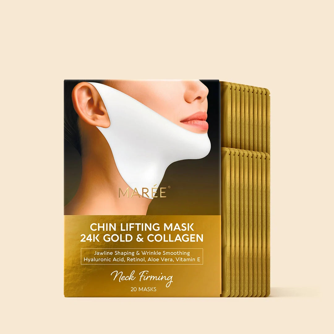 Maree 24K Gold V-Line Lifting Mask, set of 20 sheet masks for facial contour and skin firming, displayed on a clean surface.