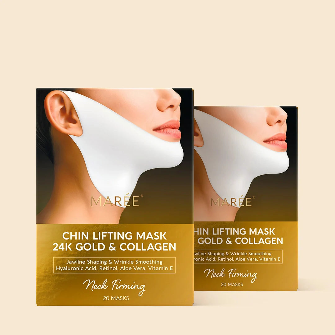 Set of 20 Maree 24K Gold V-Line Lifting Masks for facial contour and skin tightening, displayed in a box.