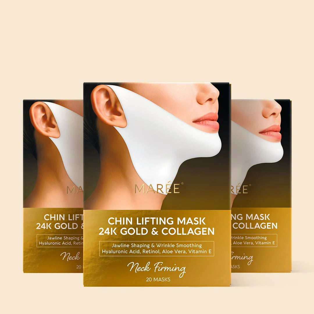 Set of 20 Maree 24K Gold V-Line Lifting Masks for facial contouring and skin firming, displayed in a neat arrangement.