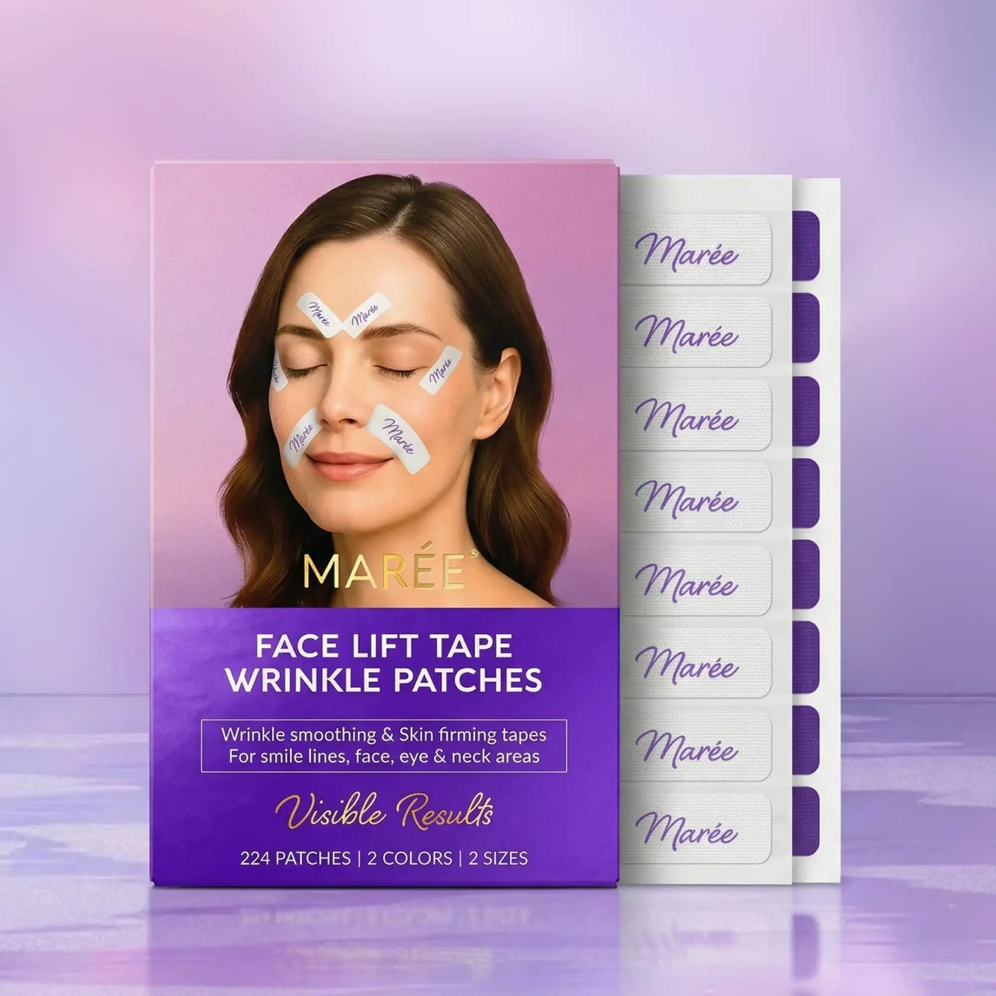 Maree anti-wrinkle tape patches for facial skin, shown on a white background, designed to reduce wrinkles and fine lines.