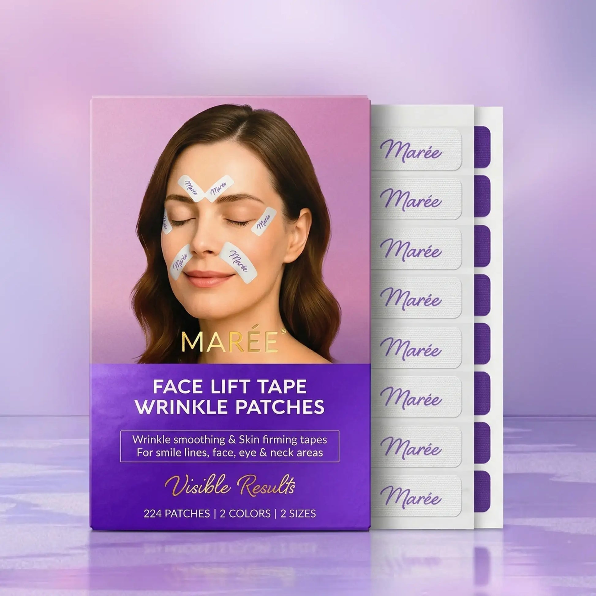 Maree anti-wrinkle tape patches for facial skin, shown on a white background, designed to reduce wrinkles and fine lines.