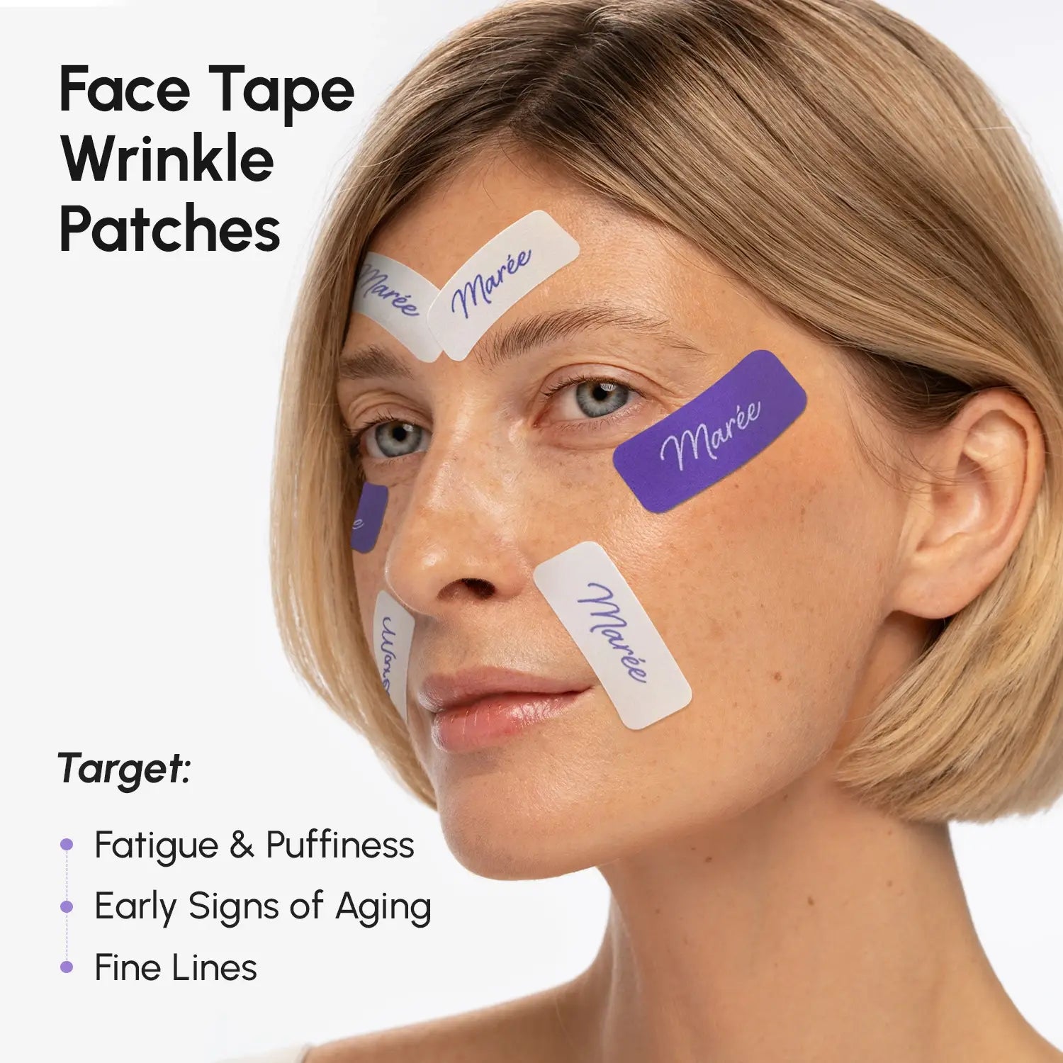 Maree anti-wrinkle tape patches applied around eyes to reduce wrinkles and fine lines, part of a skincare routine.