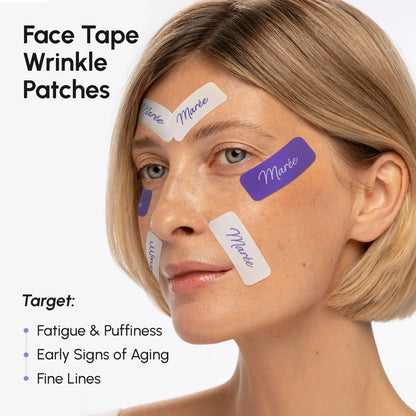 Maree anti-wrinkle tape patches applied around eyes to reduce wrinkles and fine lines, part of a skincare routine.