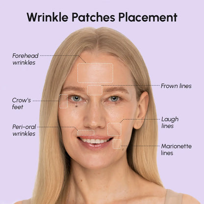 Maree anti-wrinkle tape patches for reducing fine lines and smoothing skin, shown on a clean face with the product packaging.