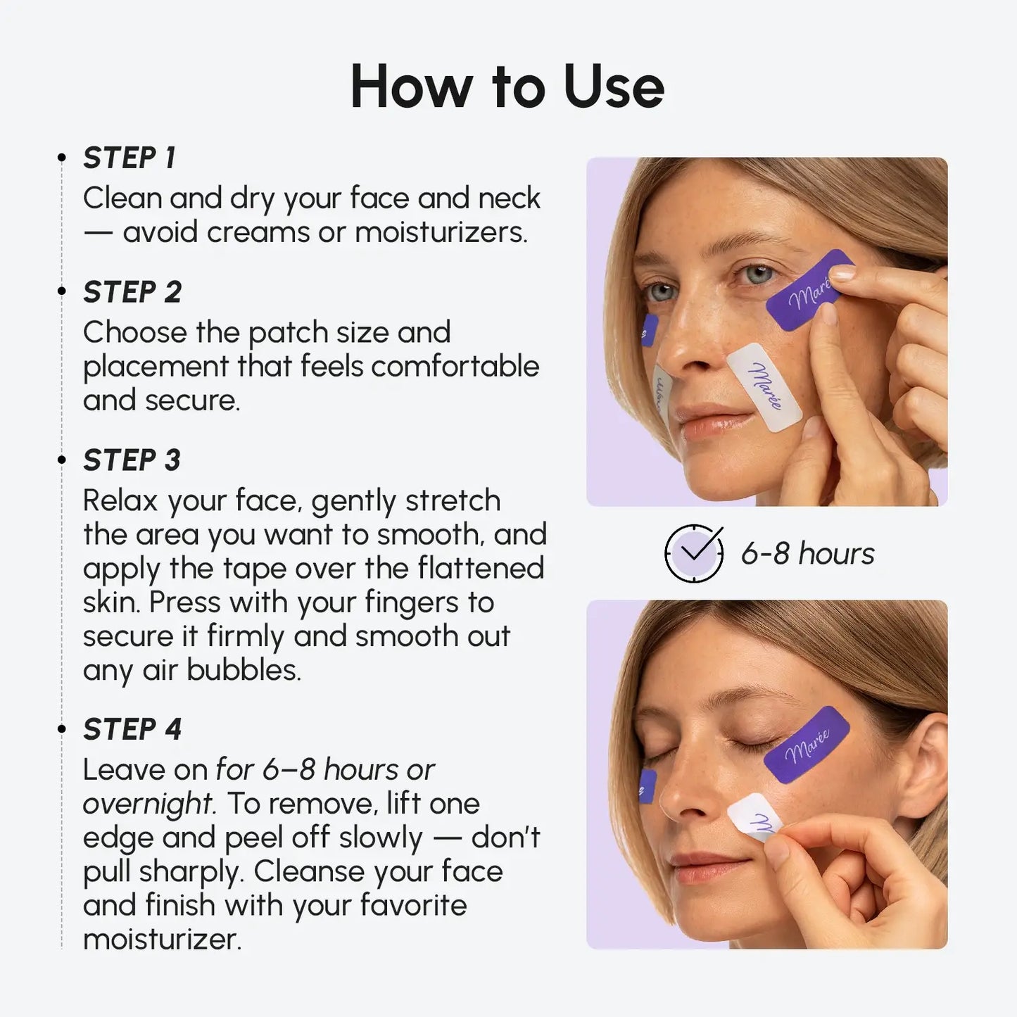 Maree anti-wrinkle tape patches applied around eyes for reducing fine lines and smoothing skin.
