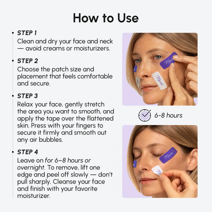 Maree anti-wrinkle tape patches applied around eyes for reducing fine lines and smoothing skin.