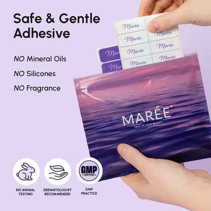 Maree anti-wrinkle tape patches shown on skin, designed to reduce fine lines and wrinkles for smoother appearance.