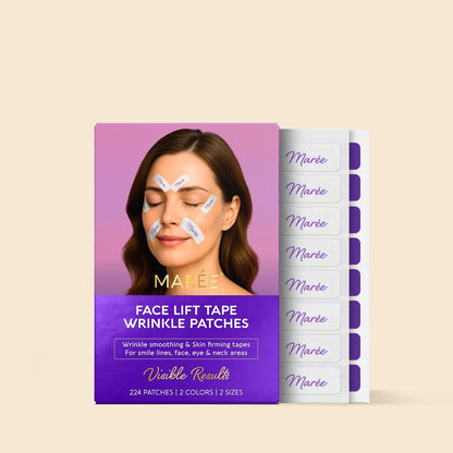 Maree anti-wrinkle tape patches applied around the eyes and forehead for smoother, youthful-looking skin.