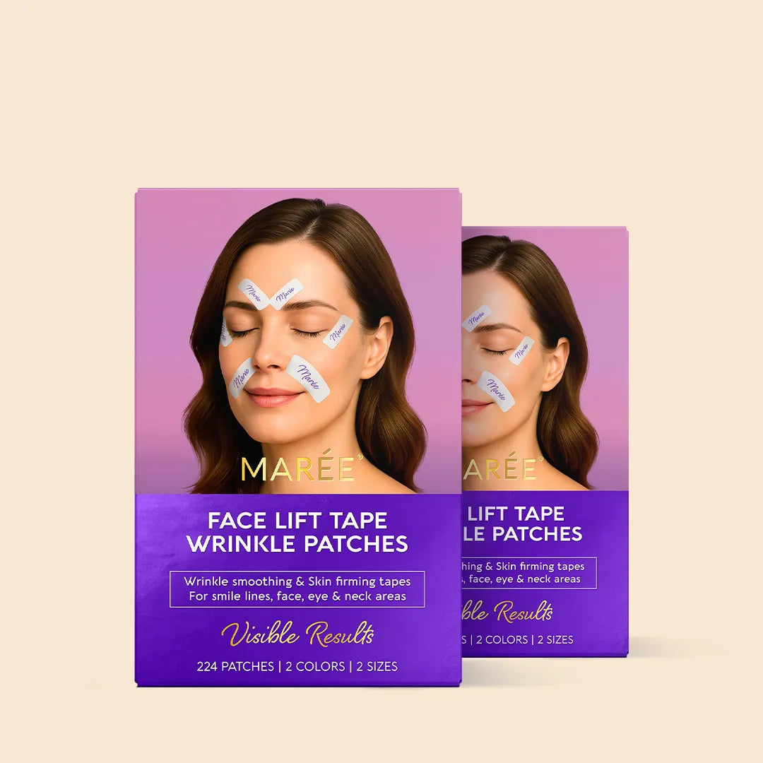 Maree anti-wrinkle tape patches shown on skin, designed to reduce wrinkles and fine lines for a smoother appearance.