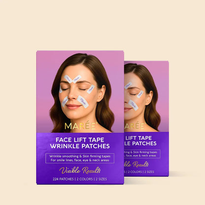 Maree anti-wrinkle tape patches shown on skin, designed to reduce wrinkles and fine lines for a smoother appearance.