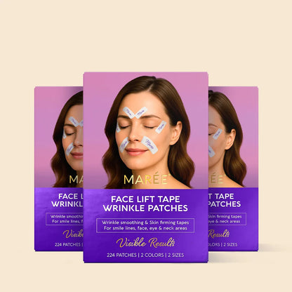 Maree anti-wrinkle tape patches applied around the eyes to reduce fine lines and improve skin’s appearance.
