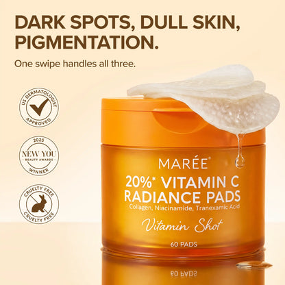 Maree Dark Spot Fading Vitamin C Pads displayed on a clean surface, showing the product's packaging and texture.