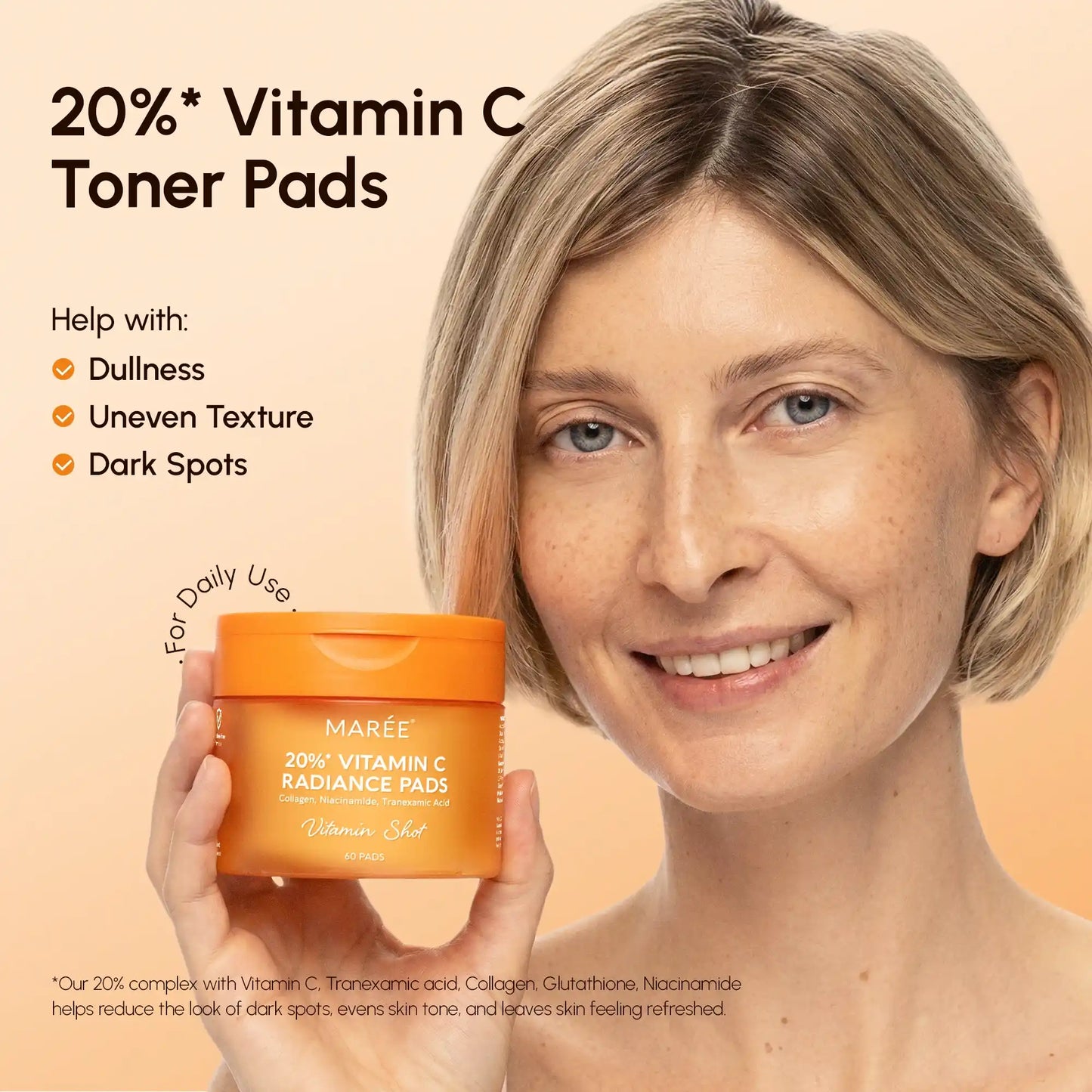 Maree Dark Spot Fading Vitamin C Pads arranged on a clean white surface, showcasing the product packaging and application pads.