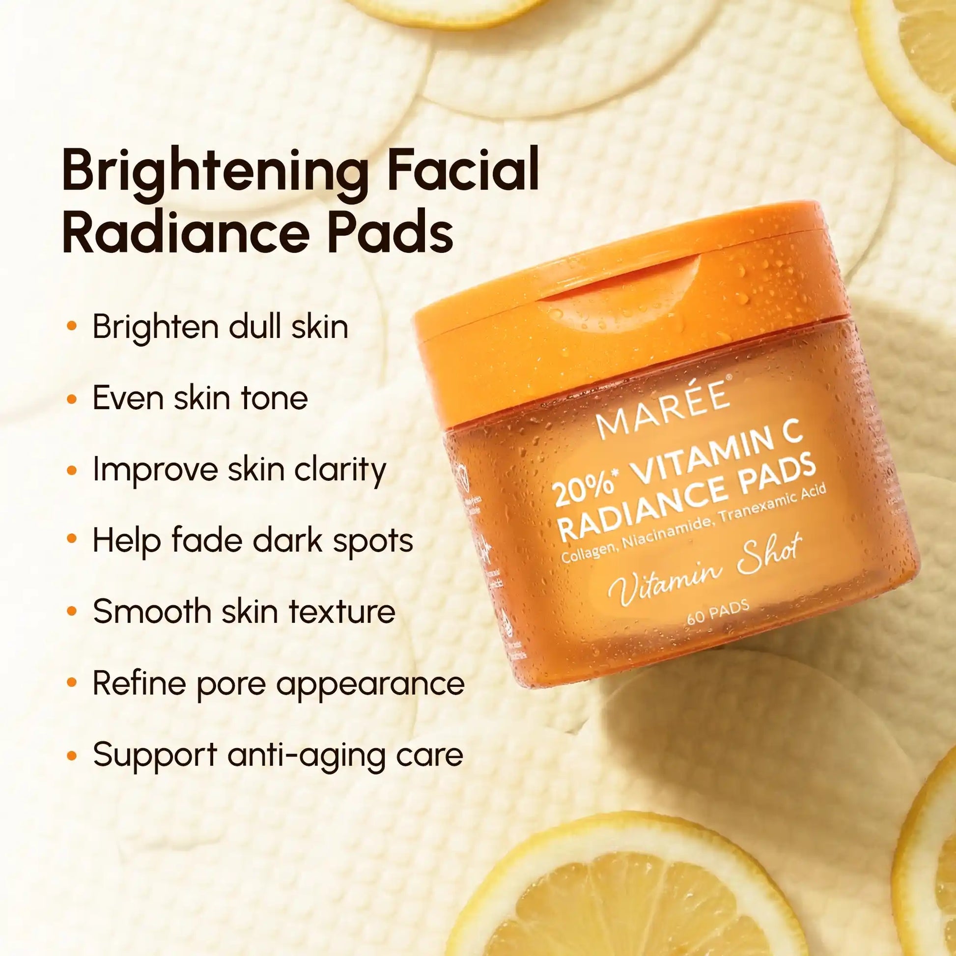 Maree Dark Spot Fading Vitamin C Pads displayed on a white background, showcasing the skincare product in a sleek container.