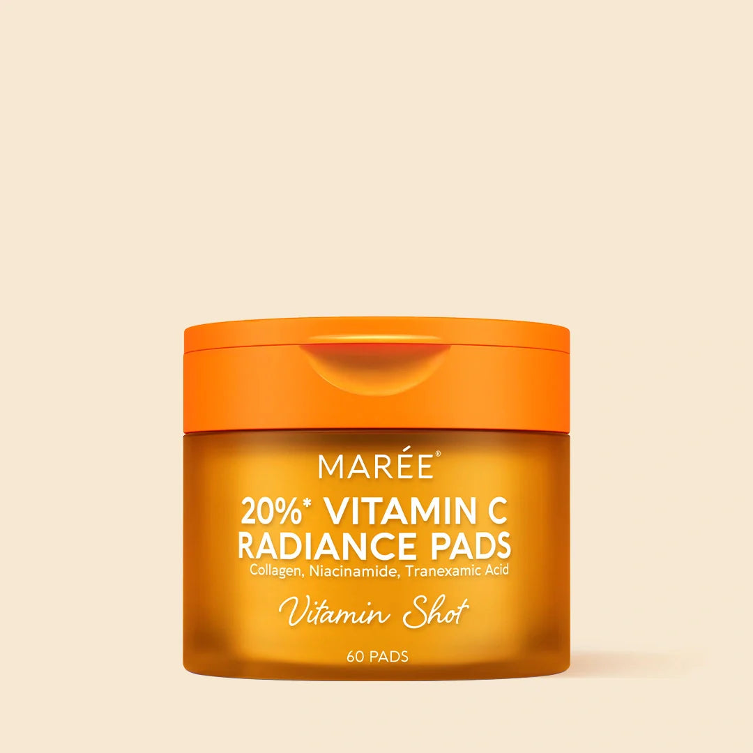 Maree Dark Spot Fading Vitamin C Pads displayed on a clean surface, showing the product packaging and pads for skin brightening.