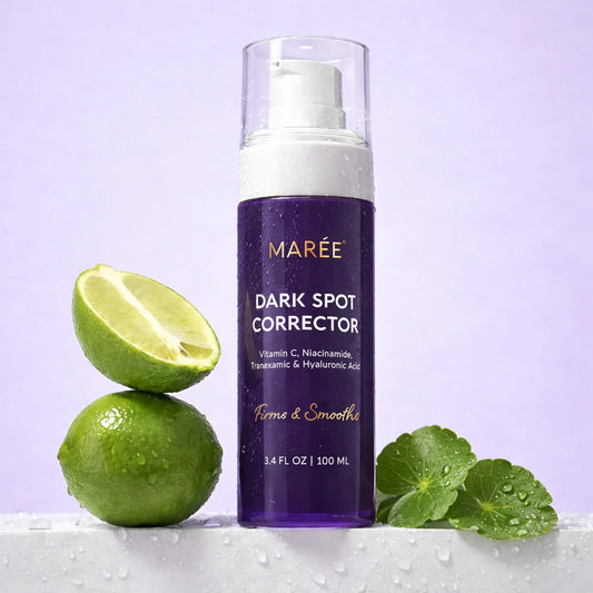 Maree Face & Body Serum for Dark Spots, clear bottle with dropper, showing serum for skin brightening and spot reduction.