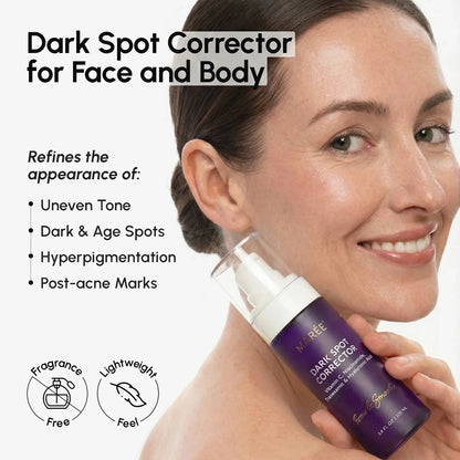 Maree Face & Body Serum for Dark Spots showing the serum bottle and application on skin, focusing on clear, smooth skin.