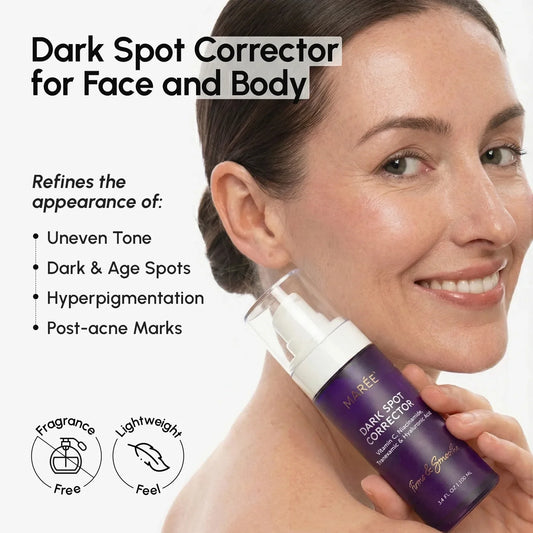 Maree Face & Body Serum for Dark Spots showing the serum bottle and application on skin, focusing on clear, smooth skin.