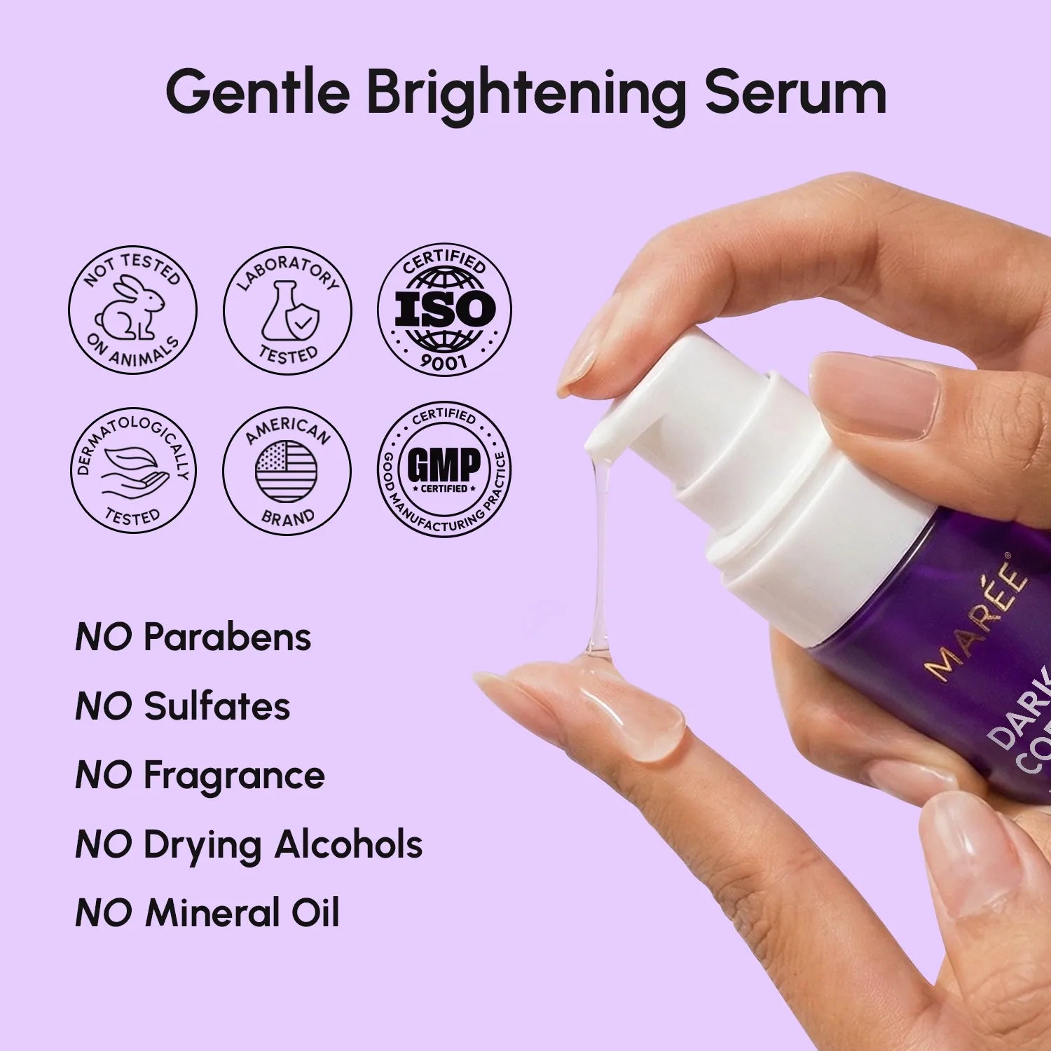 Maree Face and Body Serum for Dark Spots showing a clear bottle with serum, designed to reduce dark spots and even skin tone.
