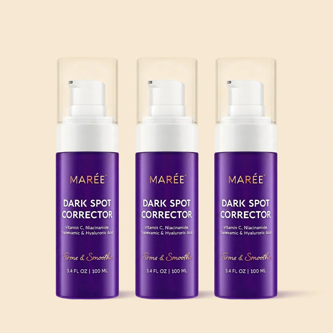 Maree Face & Body Serum for Dark Spots showing a clear glass bottle with dropper applicator on a white background.