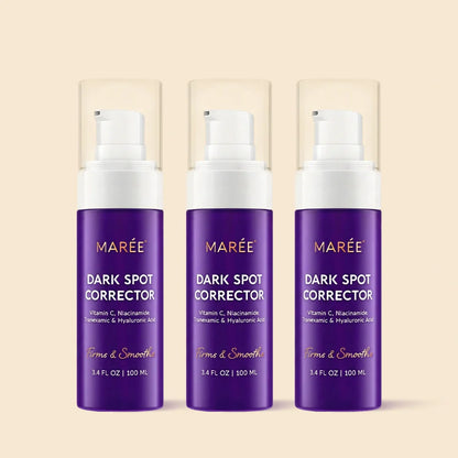 Maree Face & Body Serum for Dark Spots showing a clear glass bottle with dropper applicator on a white background.