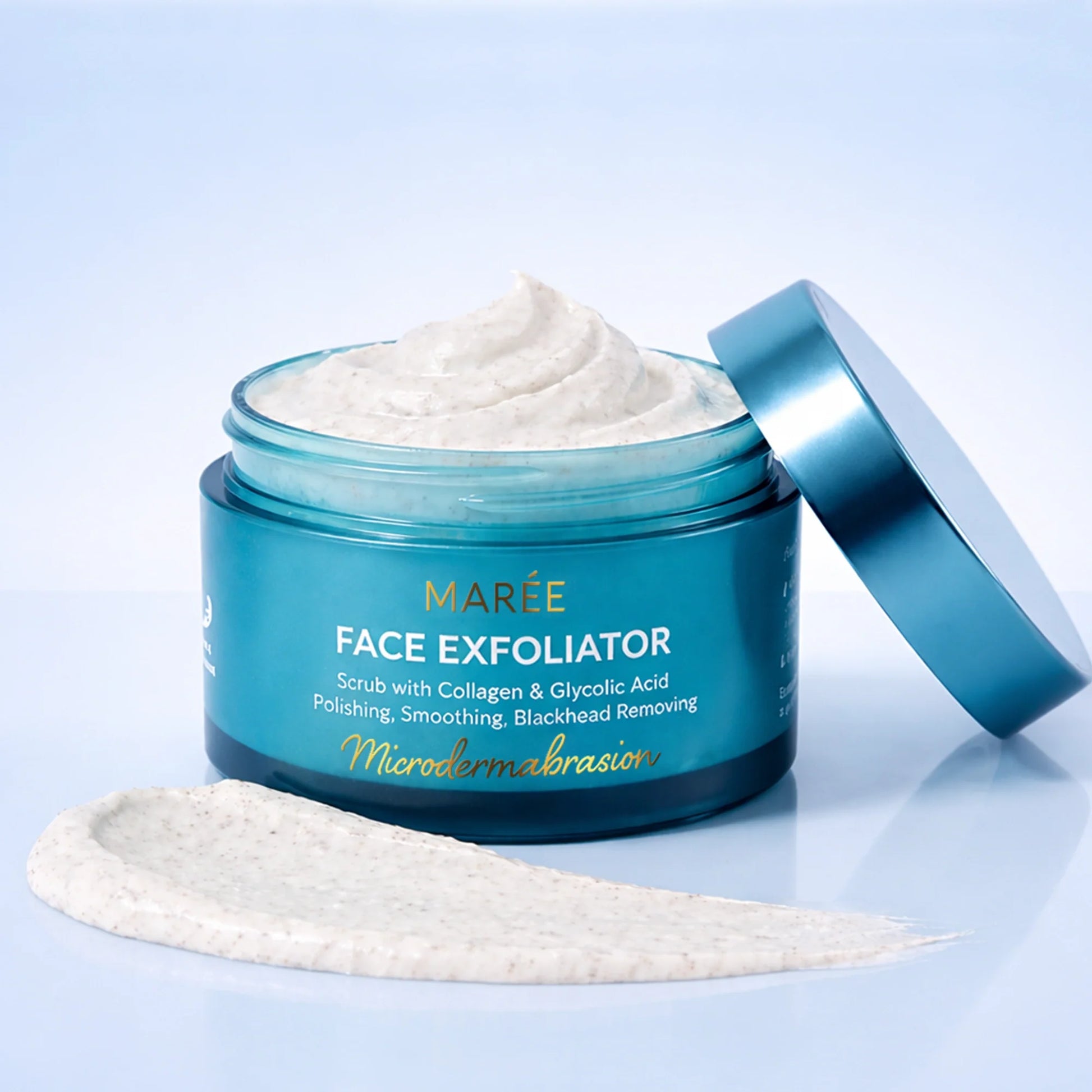 Maree Face Polishing Scrub and Exfoliator with natural ingredients, showcasing a jar of the skincare product and exfoliating texture.