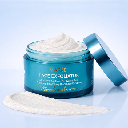 Maree Face Polishing Scrub and Exfoliator with natural ingredients, showcasing a jar of the skincare product and exfoliating texture.