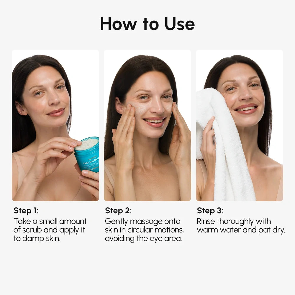 Maree Face Polishing Scrub and Exfoliator with natural ingredients, showing a jar of the skincare product and exfoliating texture.
