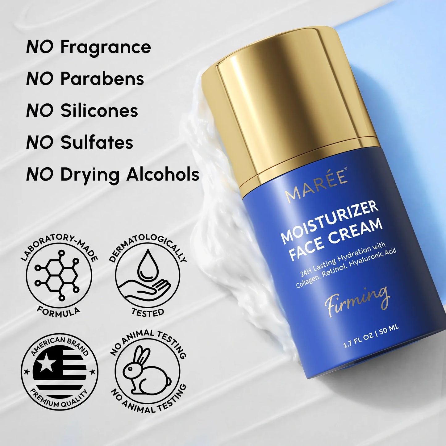 Maree Firming & Lifting Collagen Moisturizer in a sleek jar, showing a smooth cream texture for youthful skin.