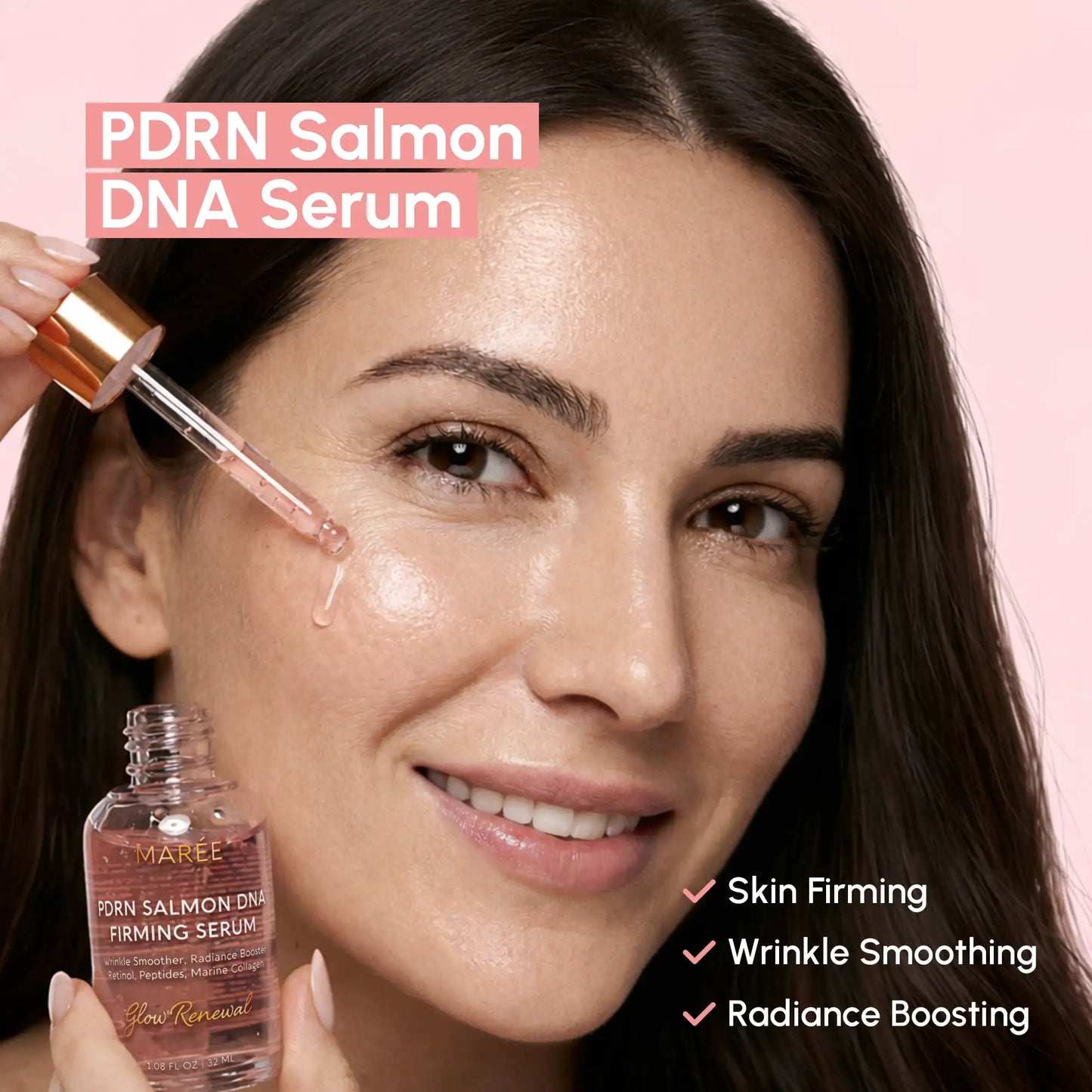 Maree Firming & Renewing PDRN Serum bottle with dropper, showcasing sleek packaging for skincare routine enhancement.