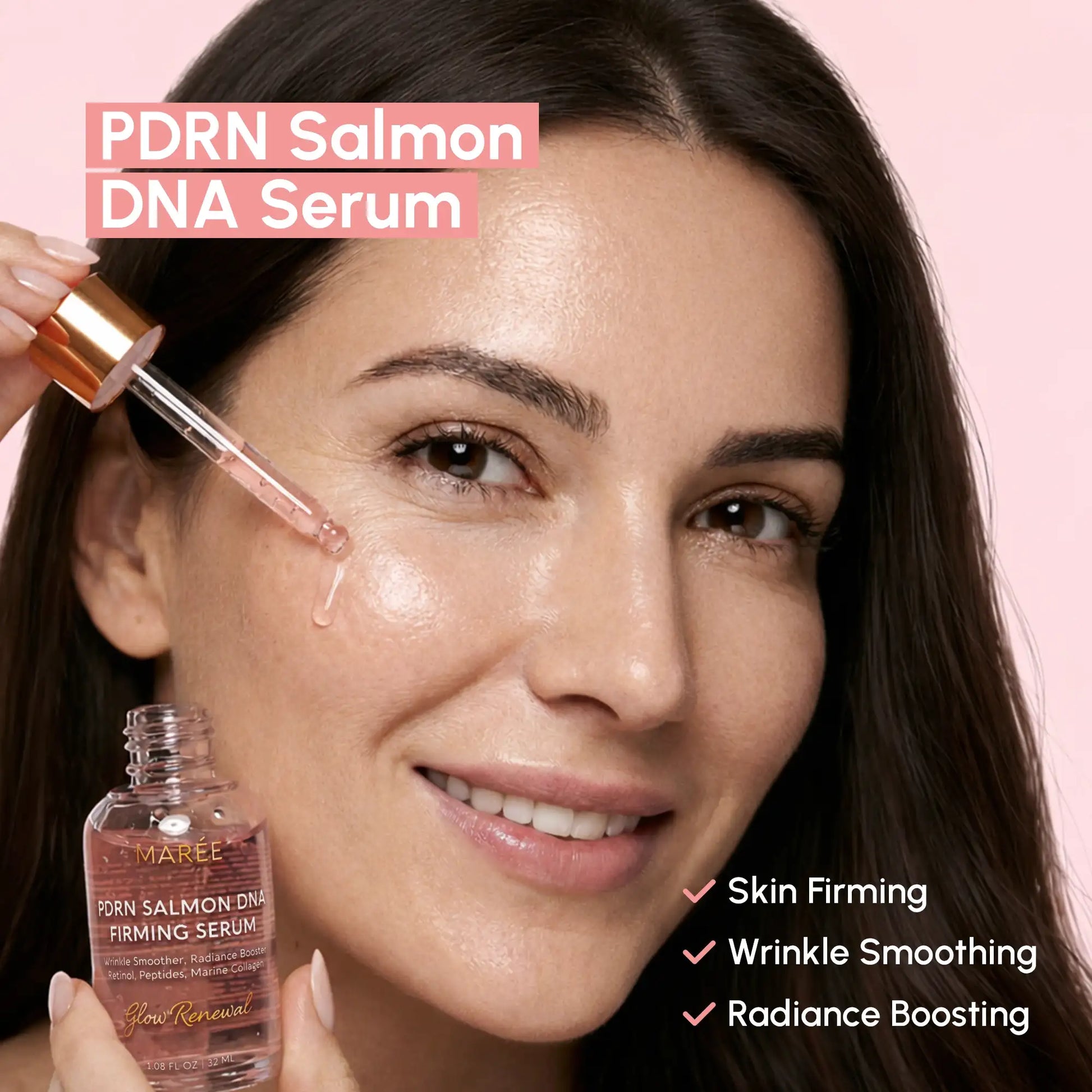 Maree Firming & Renewing PDRN Serum bottle with dropper, showcasing sleek packaging for skincare routine enhancement.