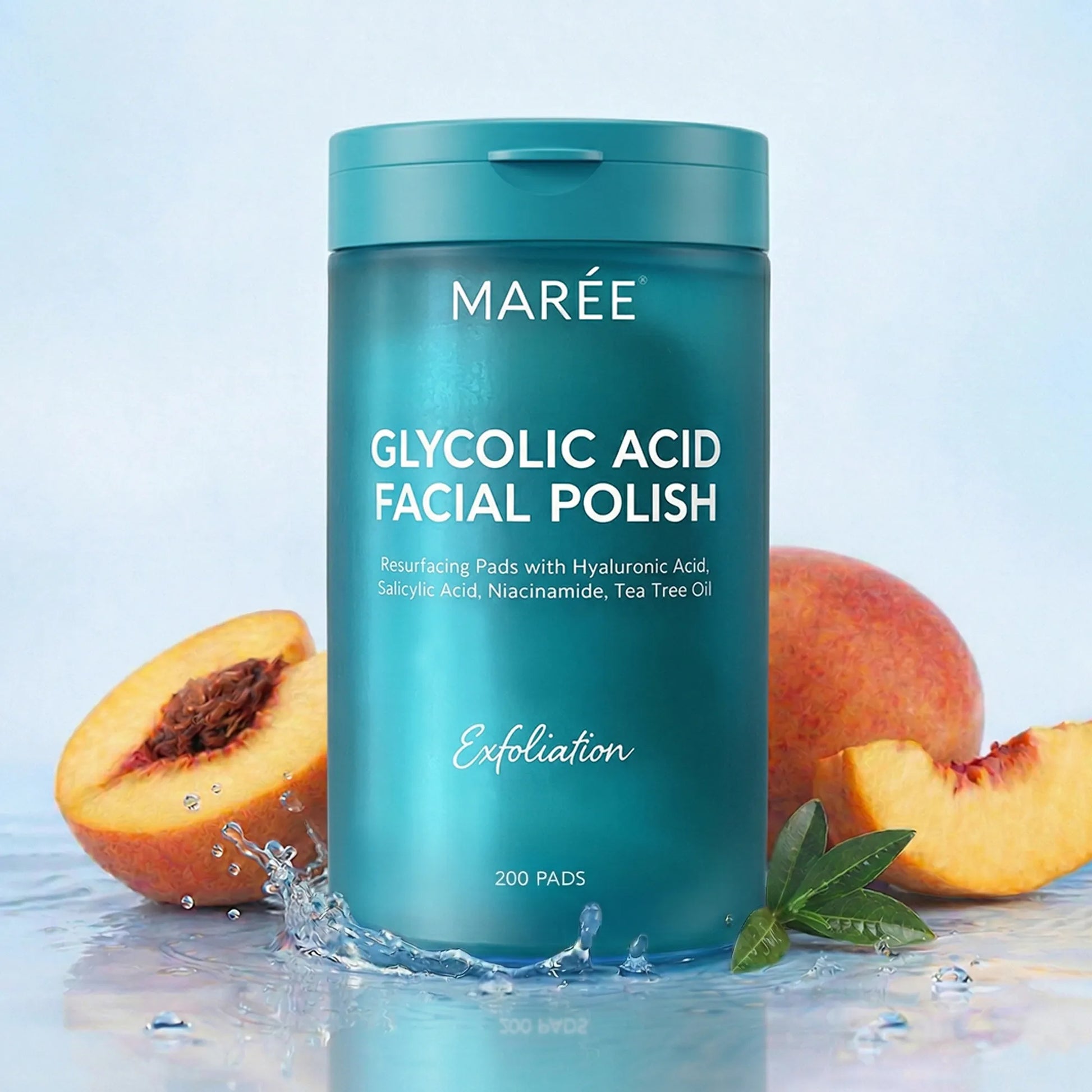 Maree Glycolic Acid Pads 200 pcs, skincare product for exfoliating and brightening skin, arranged in a box with open pads visible.