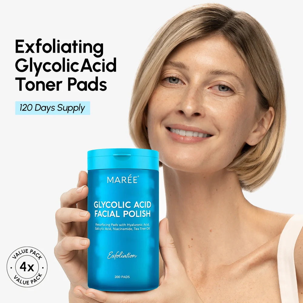 Maree Glycolic Acid Pads in a box, 200 pieces, for exfoliating and skincare routines.