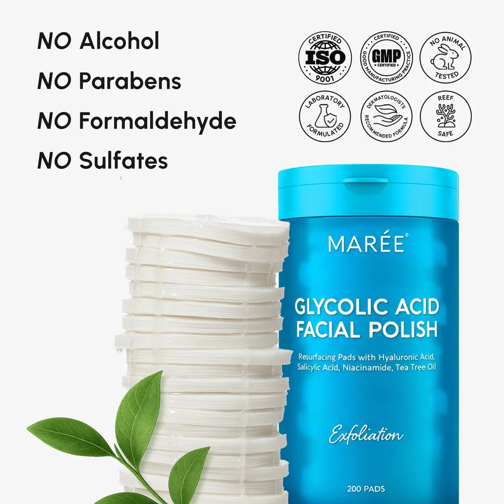 Maree Glycolic Acid Pads, 200 count, facial skincare product for exfoliating and brightening skin, displayed in a clear container