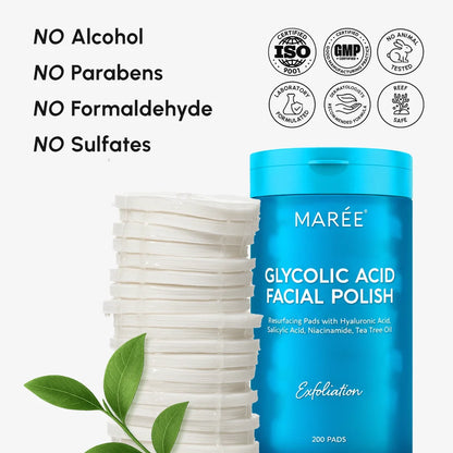 Maree Glycolic Acid Pads, 200 count, facial skincare product for exfoliating and brightening skin, displayed in a clear container