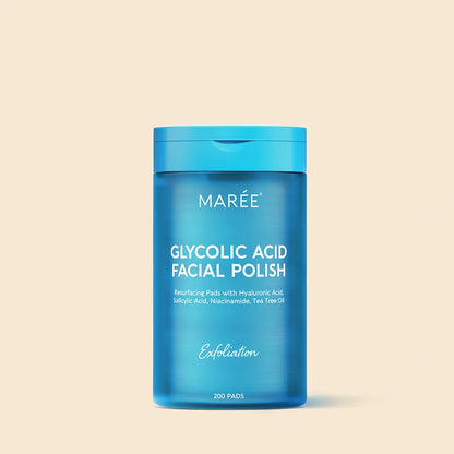 Maree Glycolic Acid Pads, 200 count, for facial exfoliation and skin renewal, shown in a clear container on a white background.