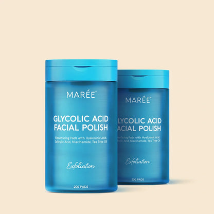 Maree Glycolic Acid Pads, 200 pieces, skincare product for exfoliation and brightening, with textured pads in a resealable container.
