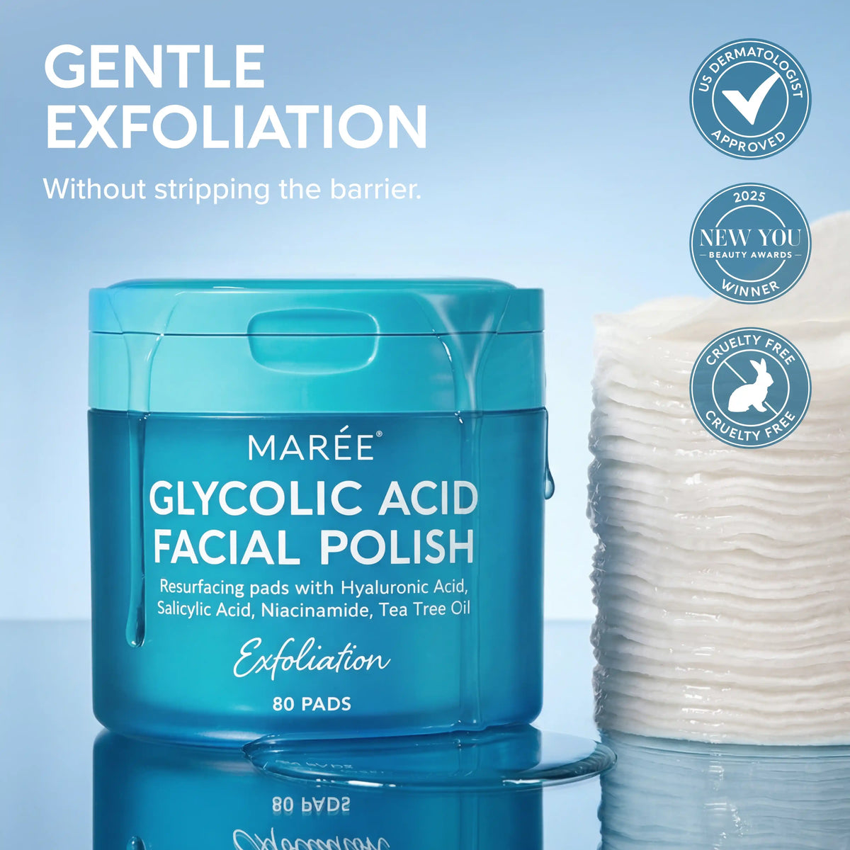 Maree Glycolic Acid Pads, 80 pcs, skincare product with exfoliating pads shown in a close-up image.