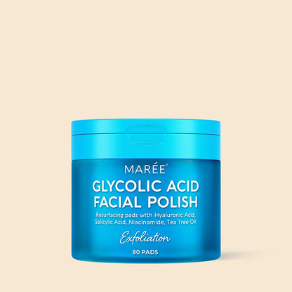 Maree Glycolic Acid Pads in a box, 80-piece set for exfoliating and skincare routine, with soft cotton pads soaked in glycolic acid.