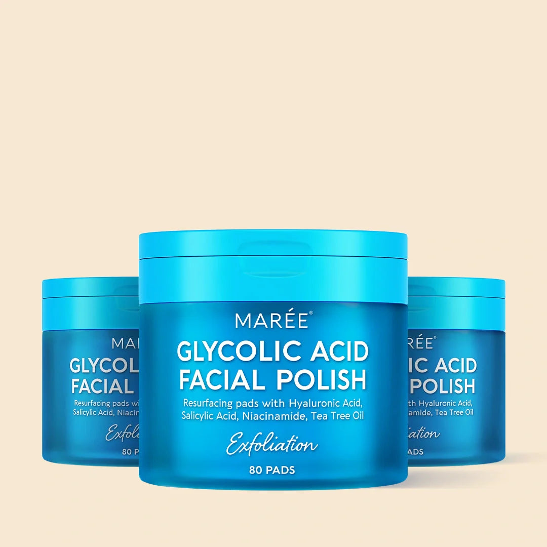 Maree Glycolic Acid Pads, 80-piece jar with cotton pads for exfoliating and skin cleansing.