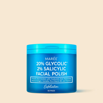 Maree Glycolic and Salicylic Acid Peel Pads showing the textured pads in a jar for skin exfoliation and cleansing.