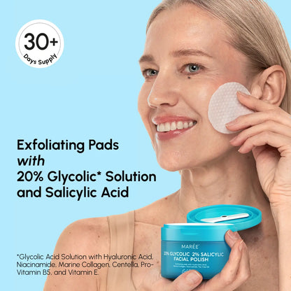 Maree Glycolic and Salicylic Acid Peel Pads for exfoliating and clearing acne-prone skin, shown in a close-up image.