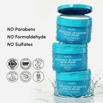Maree Glycolic & Salicylic Acid Peel Pads for skincare, showing the product in a clear container with pads ready for use