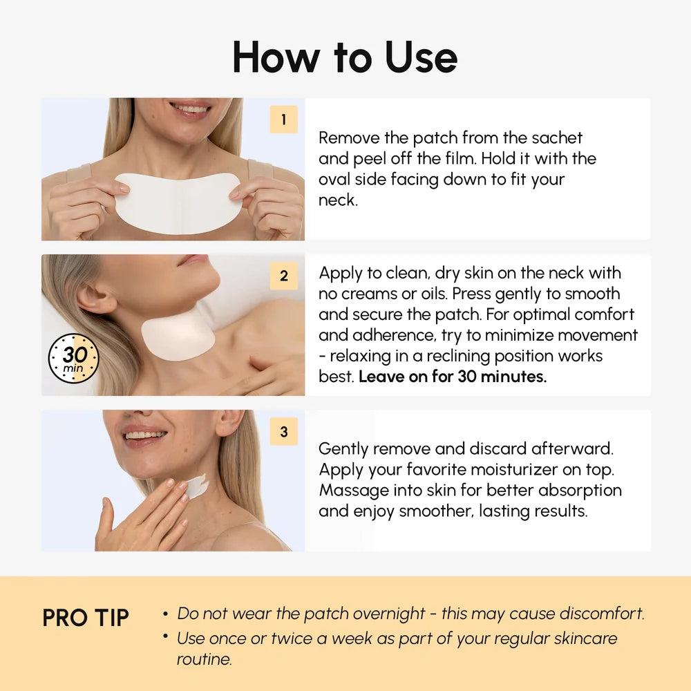 Maree Lifting Neck Wrinkle Patches displayed on a white background, showing their application for reducing neck wrinkles.