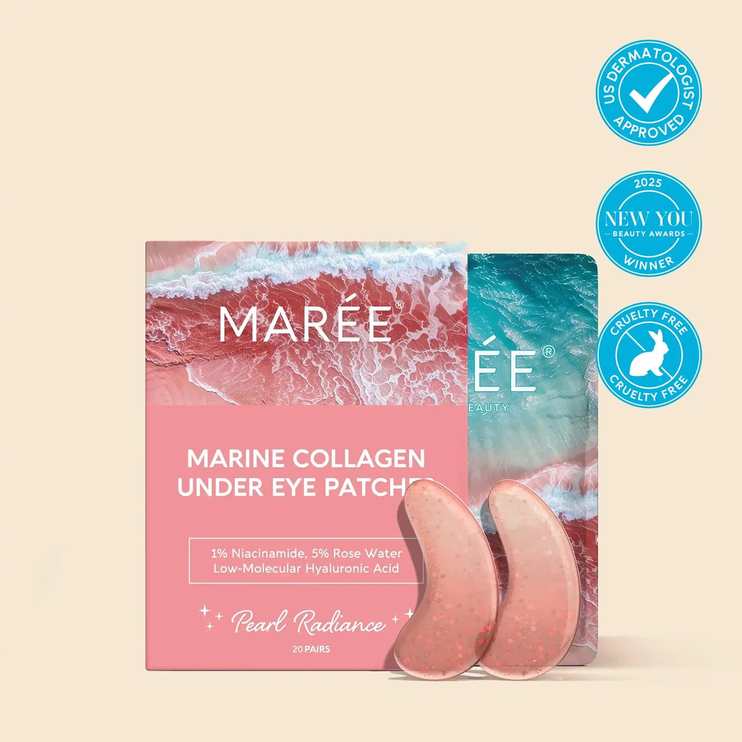 Pink eye patches for puffy eyes by Maree, showing soothing gel patches designed to reduce puffiness and refresh the eye area.