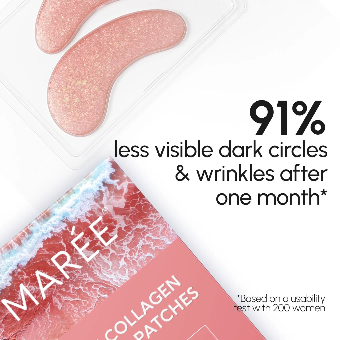 Maree pink eye patches for puffy eyes, showing soothing gel patches on under-eye area for reducing puffiness and tired eyes.